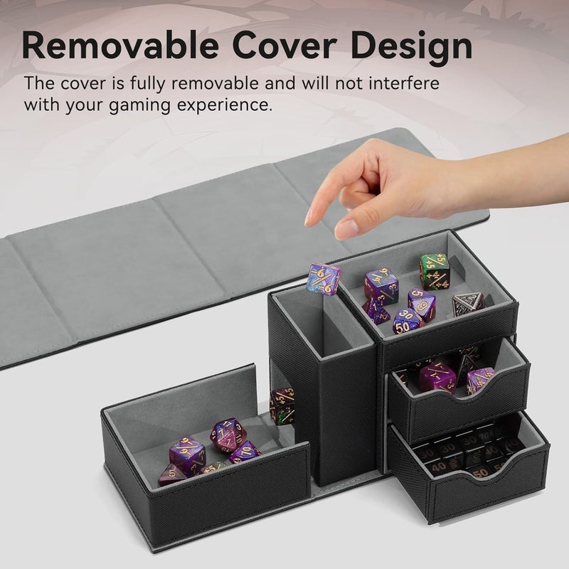Stepane Dice Tray & Dice Tower Storage Box, 3 in 1 Dice Holder Case (Dice Rolling Tray, Dice Rolling Tower, Dice Storage Drawers), Leather Magnetic Closure DND Accessories Gifts for RPG MTG, Black/Grey - Image 4